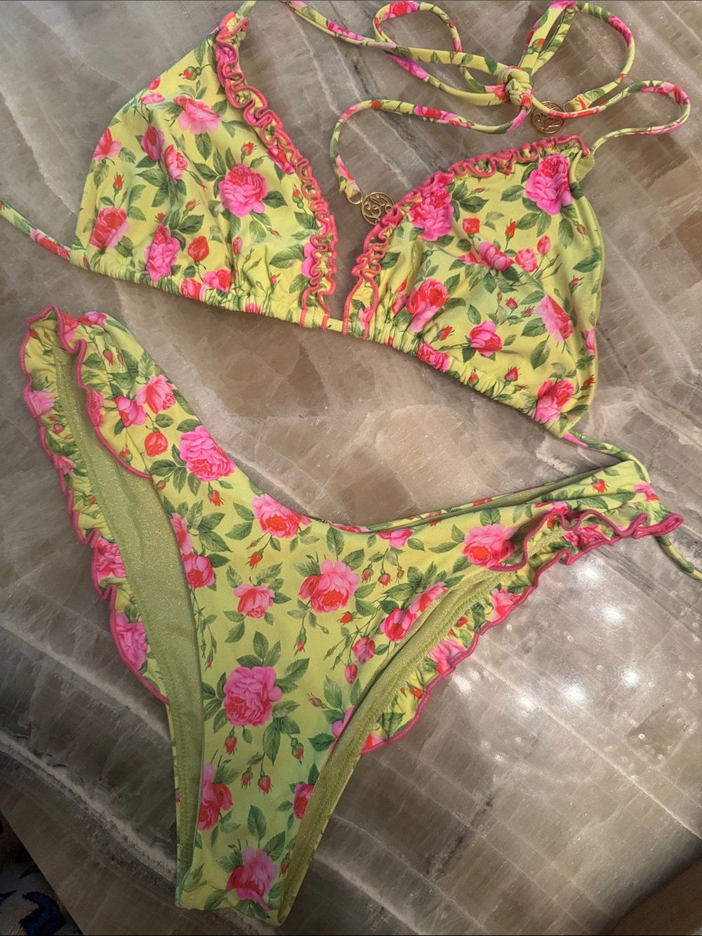 Floral Ruffle Triangle Bikini Set - Pink Roses on Lime with cover up!!